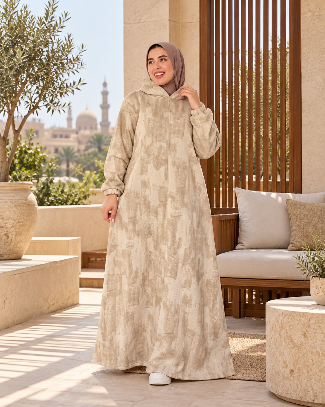 عباية هودي ميلتون قطن مشجّرة - بيج